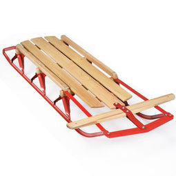 Coast Houten en Stalen Slee - Met Schaatsen en Stuurstang - 137x58x16 cm - Rood & Houtkleur