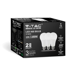 V-TAC VT-2015-3PC-N E27 White LED Bulbs - RTL - GLS - 3PC Pack - IP20 - 15W - 1521 Lumens - 6500K