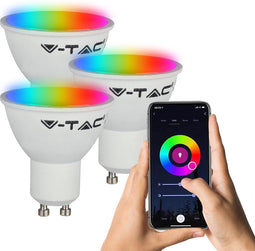 V-TAC VT-5164 Slimme Lamp - Set van 3 stuks - Wifi LED Verlichting - GU10 - Smart Lichtbron - Dimbaar - RGB en Warm Wit - 4.5W
