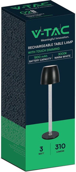 V-TAC VT-7576-B Tafellampen - Oplaadbare Tafellampen - IP20 - Zwart - 3 Watt - 310 Lumen - 3000K