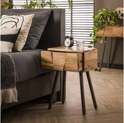 Nachtkastje Demn Massief Acaciahout met Unieke Frontbewerking en Lade - Bijzettafel - 40x30x60 cm