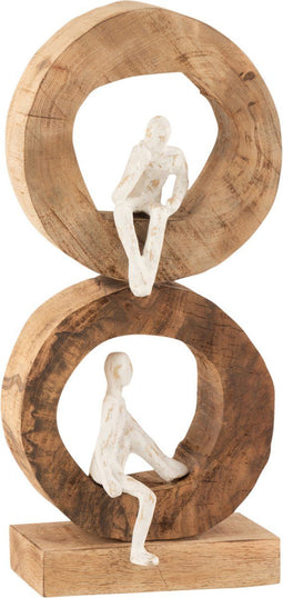 J-Line decoratie Figuur 2 Denkers Ringen - hout/aluminium - naturel/wit - moederdag cadeautje