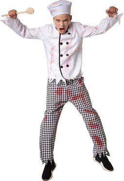 Dressforfun Griezelige kok 140 - Kostuum Halloween - Koksjas met schort en muts - Zwart-wit
