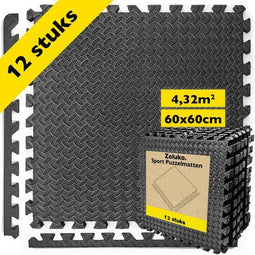 Zoluko Puzzelmat - 60x60x1 cm - Schok- en geluidsabsorberend - Zwart (12 stuks)