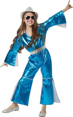 dressforfun - Stralende Disco Starlet 140 - Onesy neonblauw met glanzende details - (9-10y)