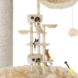 tectake® Kattenkrabpaal XXL - Plafondhoog 243-260cm - Verstelbare Krabpaal met Trap Huisjes Buis Ligmandjes en Sisalzuilen - Beige/Wit