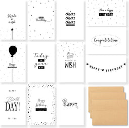 Partizzle - Verjaardagskaarten Set - 36 Stuks - Minimalistisch - Zwart en Wit (36 stuks)