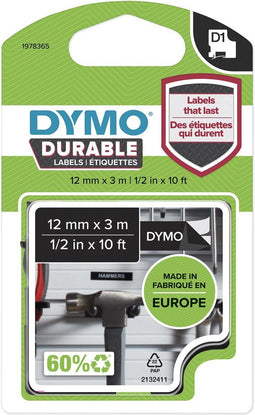 DYMO D1 - Duurzame labels - Waterbestendig - Wit op Zwart (1 stuk)