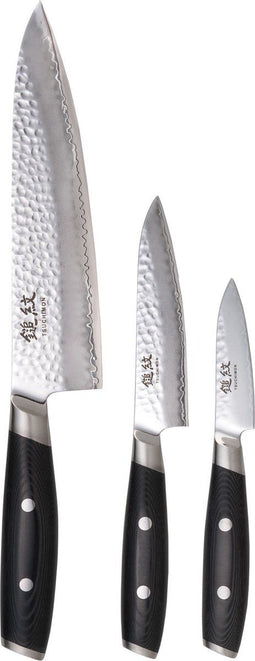 Yaxell Japans - Serie Tsuchimon - Messenset 3-Delig - VG10 Staal - 61 HRC - 3 Lagen Damaststaal - Canvas-Micarta Heft