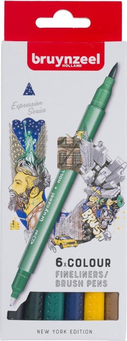 Fineliner Brush pen Bruynzeel Creatives New York set 6 kleuren