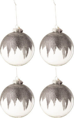 J-Line kerstbal Glitter Mini Kwast - glas - grijs/transparant - large - doos van 4
