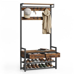 Kapstok Oxford - Halmeubel 6-in-1 - 10 haken 2 lades schoenenrek - Bruin