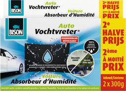 Bison Vochtvreter Auto, luchtonvochtiger speciaal voor in de auto, bestrijdt vocht en condens in auto's, herbruikbaar, 2x 300g, eenvoudig en veilig in gebruik