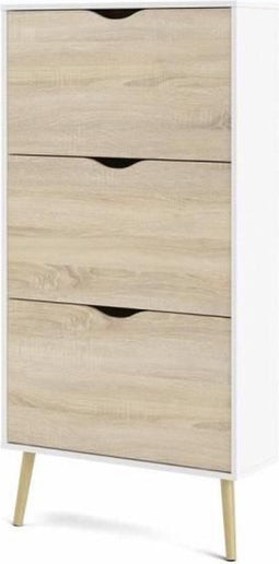 Schoenenkast - Wit/Eiken - 12 paar - Uitlopende massief houten voet - 70,2 x 23,9 x 138,9 cm