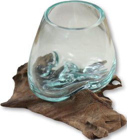 Vaas op Wortelhout - ø10x12 - Naturel - Teakhout/glas