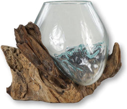 Vaas op wortelhout- ø20x25 - Naturel - Teakhout/glas