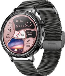 Valante EvoFit Smartwatch - Smartwatch Dames - Zwart staal - 45 mm - Stappenteller - Hartslagmeter - Bloeddrukmeter - Bellen via Bluetooth