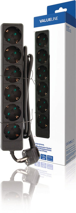 Valueline 6-Wegs Stekkerdoos - 1,5M - Zwart