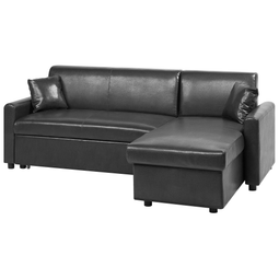 Beliani Corner Sofa Bed Black Faux Leather 3 Seater Left Hand Orientation with Storage