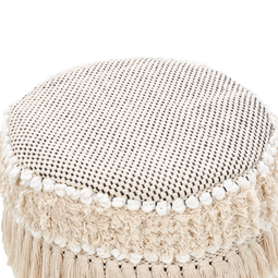 Beliani Footstool Beige Decorative Cotton Knit Wooden Legs Decorative Tassels Boho Design