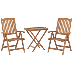 Beliani Garden Bistro Set Acacia Wood Table 2 Chairs with Off-White Cushions UV Resistant Foldable