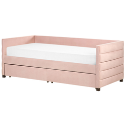 Beliani Daybed Pink Velvet EU Single Size 90 x 200 cm With Slatted Frame and Drawers