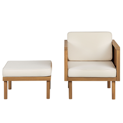 Beliani BARATTI - Garden chair with ottoman - Light wood color/White - Acacia wood