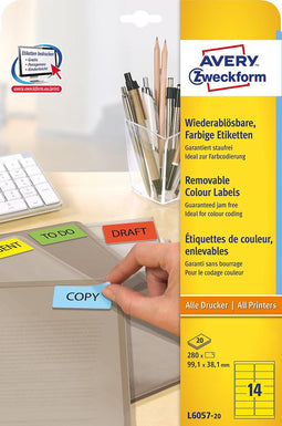 Avery removable colored labels ft 99.1 x 38.1 mm (w x h), 280 pieces, 14 per sheet, yellow
