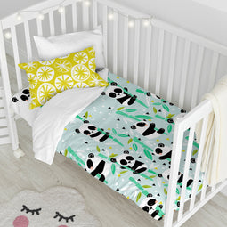 Happy Friday Panda garden blue Duvet cover set cot 2 piece