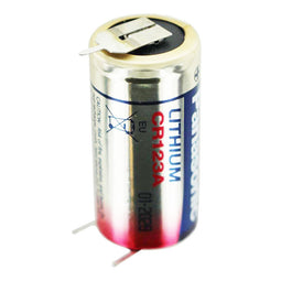 CR123A battery with 3-way print connection, 1-way print + / 2-way print contacts, voltage 3 volts