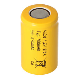 2/3 A Cadnica NICD battery flattop without soldering tag, 1.2 volt 700mAh