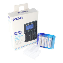 XTAR VC4 quick charger in a set with four Panasonic Eneloop BK-3MCC1 batteries + battery storage box