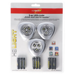 LED light set of 3, press me and I light up, mini LED lights, wireless, batteries included