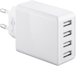 4-way USB charger, multiple USB charger, 30W, charges up to 4 devices at the same time, white