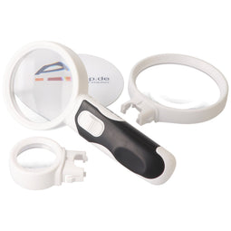 LED illuminated magnifier with 2 LEDs, including 3 batteries, with 3 interchangeable attachment lens