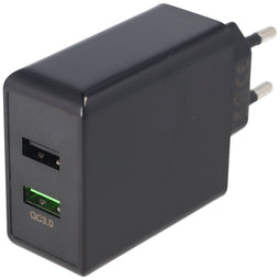 Dual USB fast charger USB QC3.0 28W black, charges up to 4x faster than standard chargers