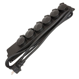 Socket strip 6-way outdoor with flap color black IP44 cross-section 1.5mm² for 6x Schuko plugs