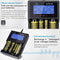 4-channel Li-ion and NiMH LCD fast charger with single channel starter for 18650, AA, AAA, C and D