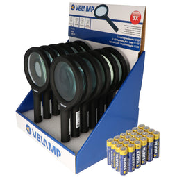 Counter display consisting of 12 magnifiers with LED lighting and 3x magnification with 12 LEDs, IN2