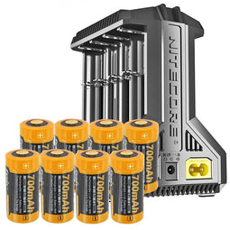 8 pieces CR123 A Li-ion battery with 3.7 volts, 760mAh and 8-way quick charger