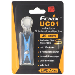 Fenix UC01 LED flashlight in a blue housing, keychain light with battery and USB charging function