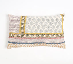 Block Printed Cotton Geometric-Floral Lumbar Cushion Cover, 20 x 14 inches