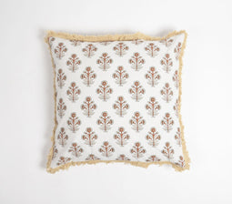 Block Printed Floral Cotton Fringed Cushion Cover, 18 x 18 inches