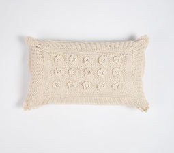 Crochet Cotton Lumbar Cushion Cover with Floral Applique, 20 x 12 inches
