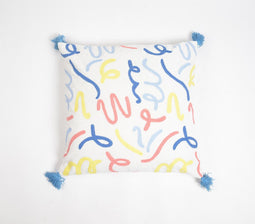 Embroidered Abstract Doodles Cotton Tasseled Cushion Cover, 18 x 18 inches