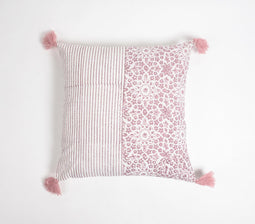 Floral & Striped Block Tasseled Cotton Cushion Cover, 18 x 18 inches