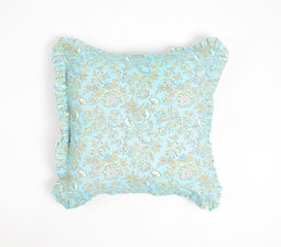 Floral Garden Blue Cotton Cushion Cover with Frilled Border, 18 x 18 inches