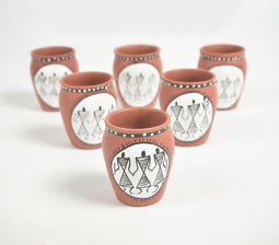 Hand Painted Warli Terracotta Clay Glasses (Set of 6, 175 ml)