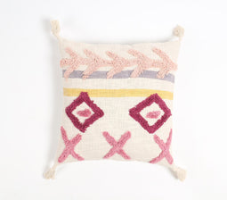 Hand Tufted Cotton Geometric Tasseled Cushion Cover, 18 x 18 inches