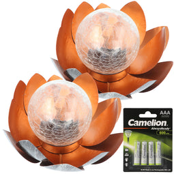 2x decorative solar lotus flower made of metal with glass ball - pleasant warm white light - dreamli